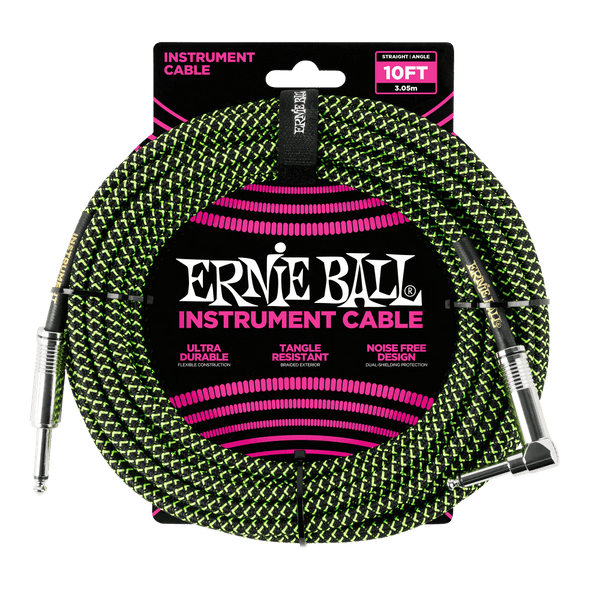 ERNIE BALL 10' BRAIDED STRAIGHT / ANGLE INSTRUMENT CABLE - Green/Black