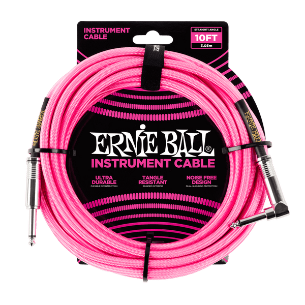 ERNIE BALL 10' BRAIDED STRAIGHT / ANGLE INSTRUMENT CABLE - NEON PINK