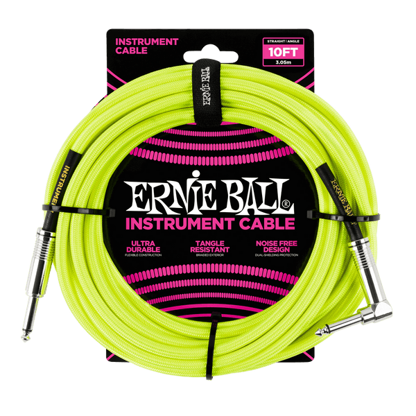 ERNIE BALL 10' BRAIDED STRAIGHT / ANGLE INSTRUMENT CABLE - Neon Green